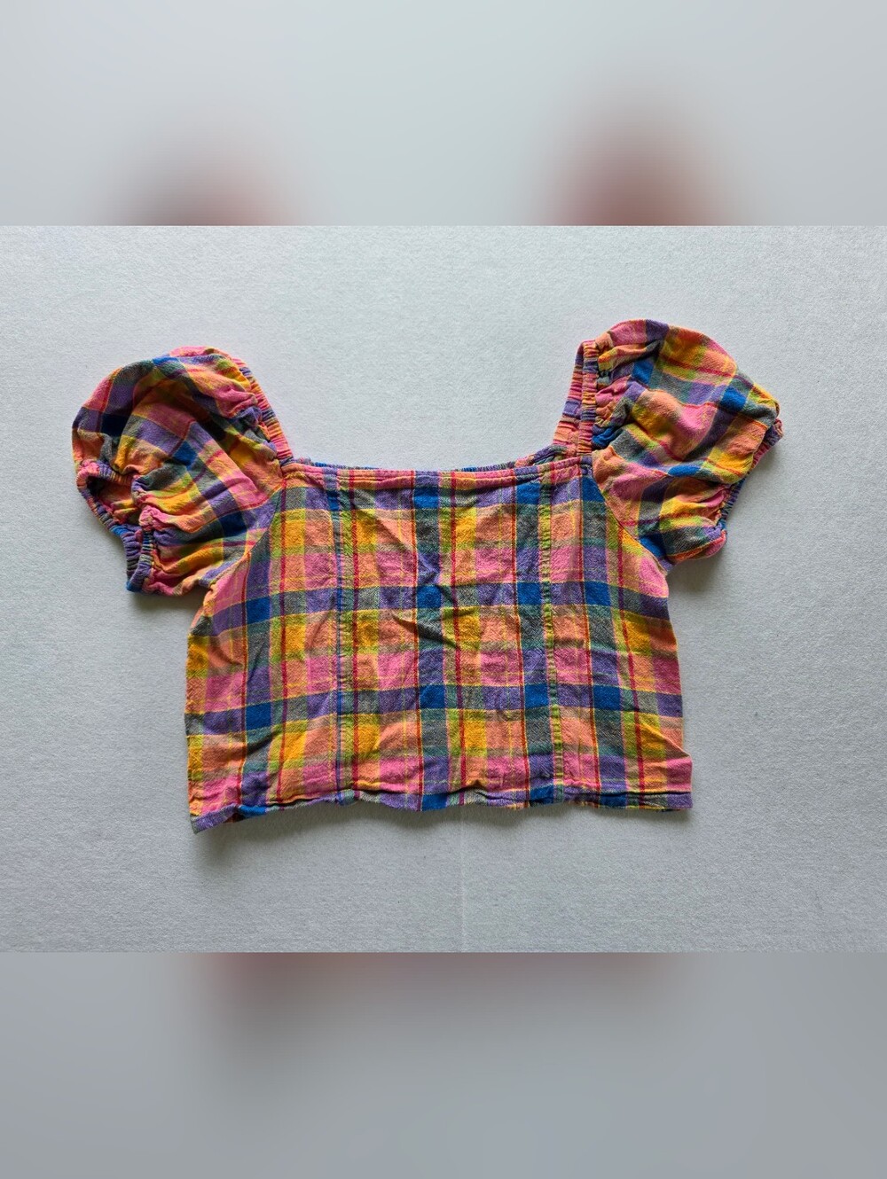 Old Navy Pink Multi Plaid Puff-Sleeve Crop Top